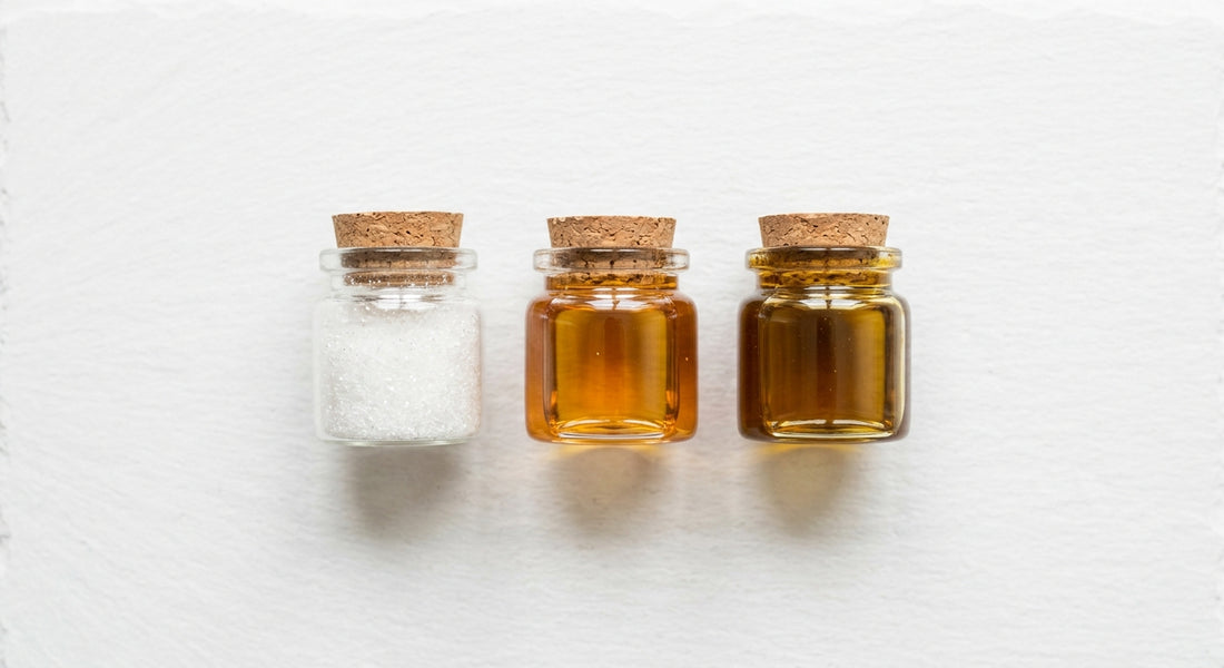 CBD isolate vs full spectrum vs broad spectrum extract jars comparison flat lay