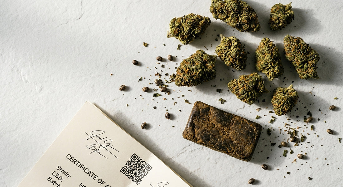 CBD hemp flower and hash wholesale Germany legal products displayed with COA documentation