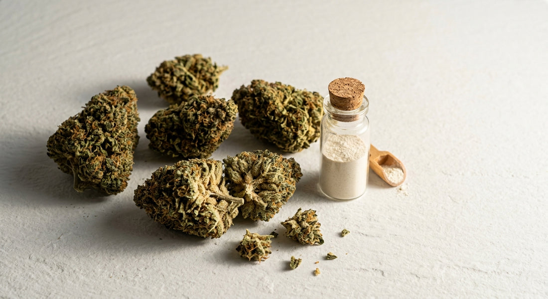 CBD Lieferant Österreich Großhandel CBD Blüten und Isolat auf weißer Oberfläche
