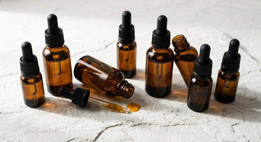 CBD olej velkoobchod lahvičky s kapátkem na bílém povrchu studiová fotografie