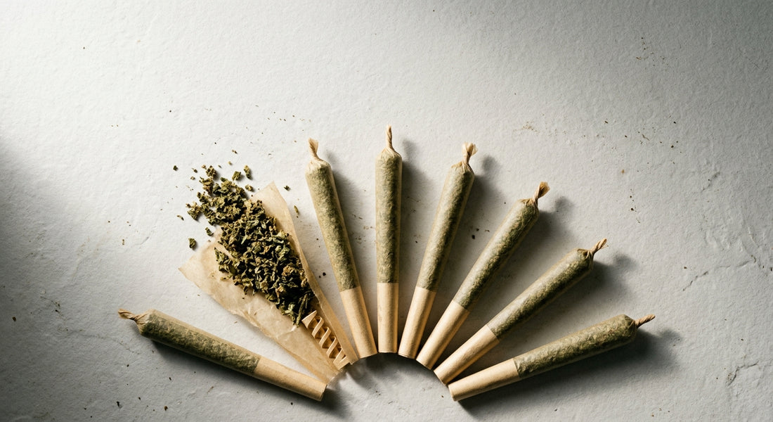 premium CBD pre-rolls fanned out on white surface showing hemp flower fill 2026