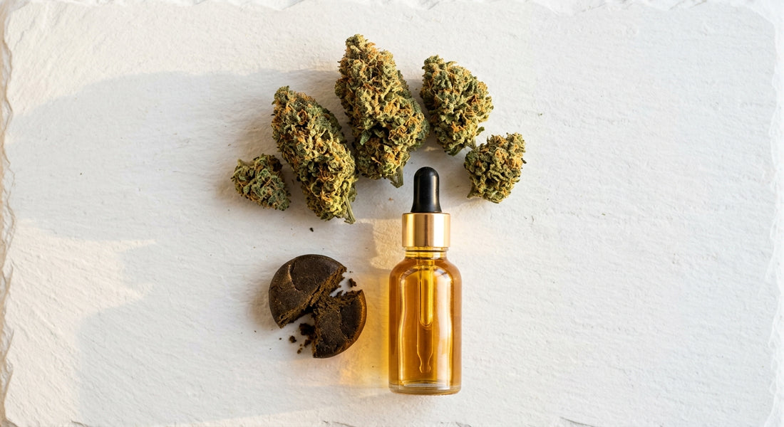CBD produkty velkoobchod přehled kvety olej hash na bílém povrchu Hurcann