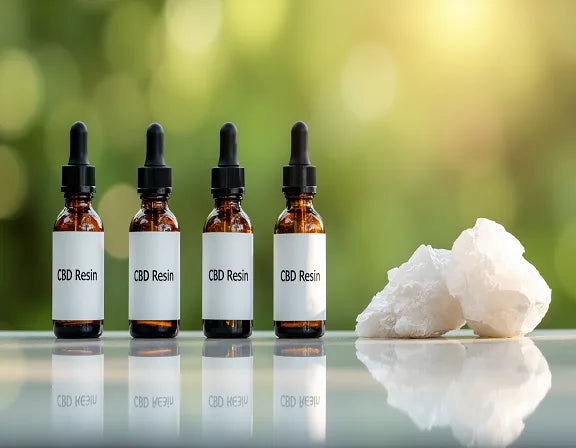 Four brown bottles labeled "CBD Resin" with a white cannabis isolate chunk on a reflective surface and green background | Hurcann