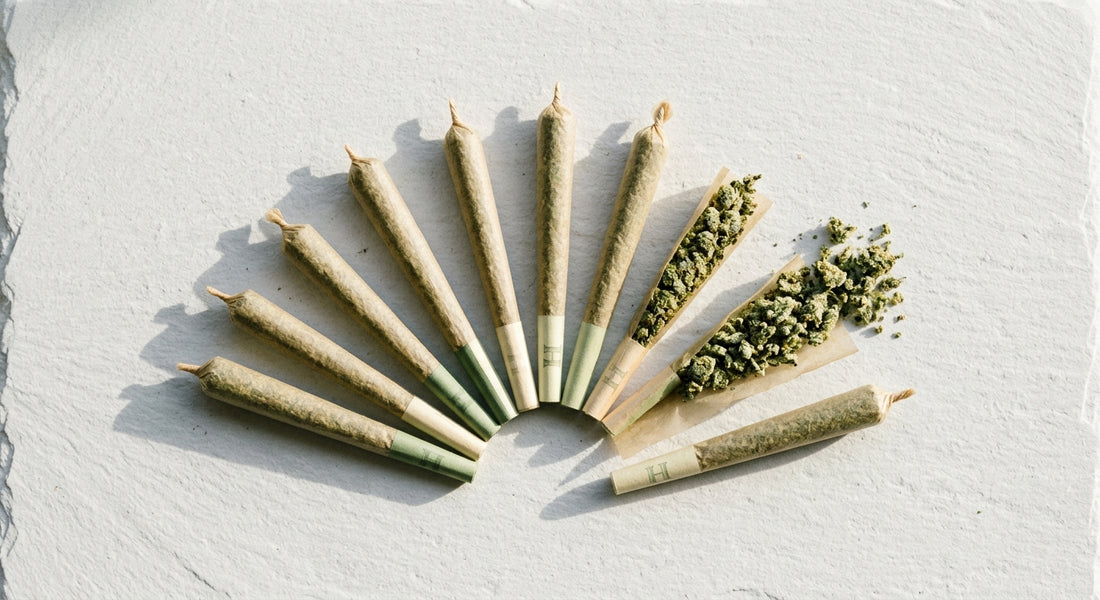CBD joint účinky premium hemp pre-roll jointe na bílém povrchu laboratorně testované