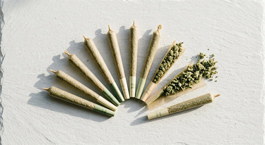 CBD joint účinky premium hemp pre-roll jointe na bílém povrchu laboratorně testované