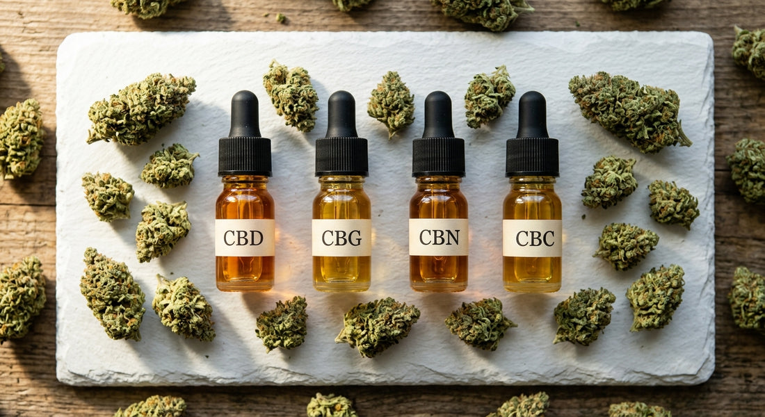 CBD vs CBC vs CBG vs CBN cannabinoid oils and hemp flower comparison flat lay