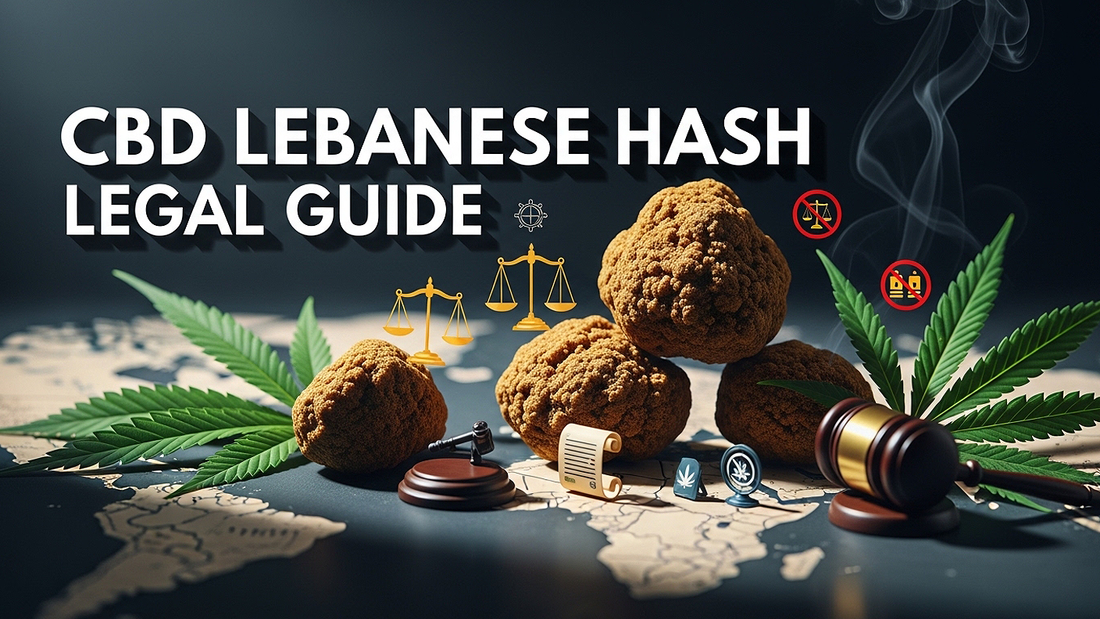 Featured image showing CBD Lebanese hash with world map and legal guide text