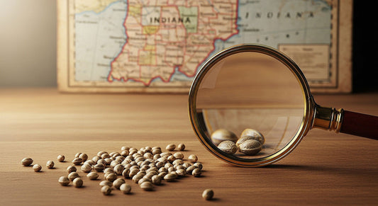 CBD seeds displayed on a wooden table with a magnifying glass and an Indiana map in the background.