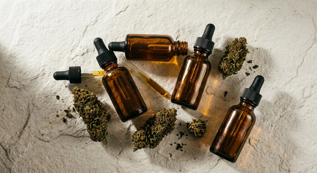 CBN drops for sleep amber tincture bottles with hemp buds on white surface Hurcann