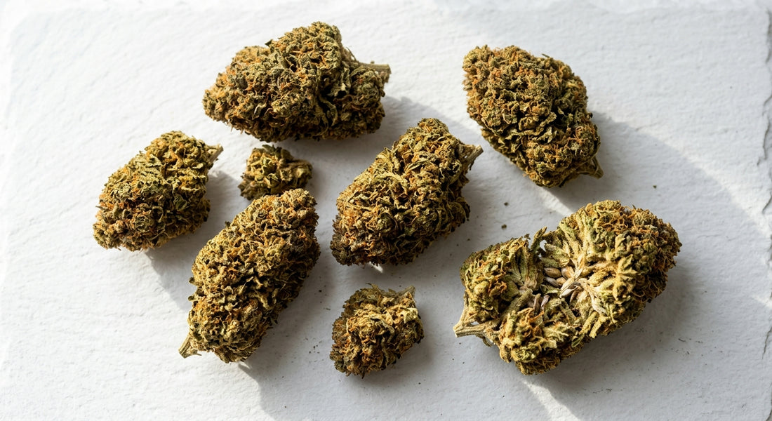 CBN hemp flower for sale dense aged buds on white surface Hurcann wholesale