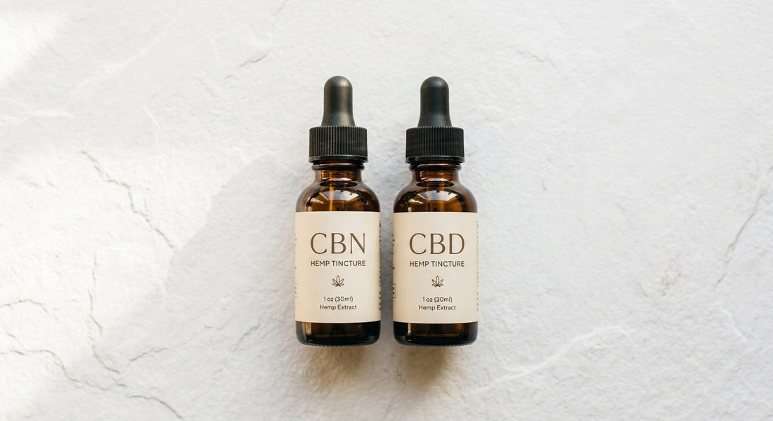 CBN vs CBD for sleep tincture bottles side by side on white surface Hurcann