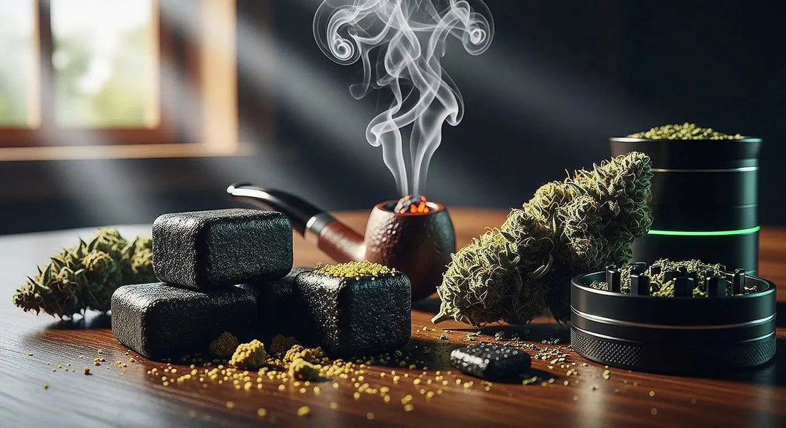 Traditional black hash blocks displayed with cannabis flowers and smoking tools representing the history and culture of hash | Hurcann