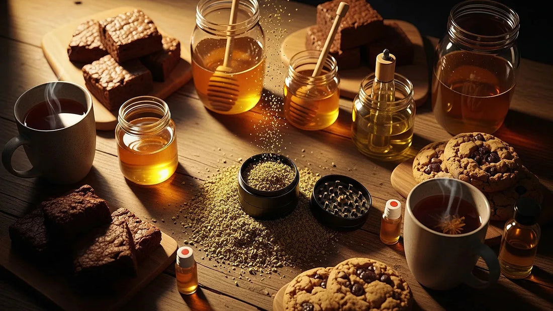 Hemp kief surrounded by edible foods and infusion ingredients on a rustic table | Hurcann