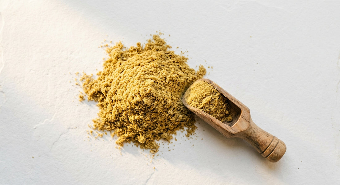 pollen CBD kief doré en poudre fine sur surface blanche guide utilisation 2026