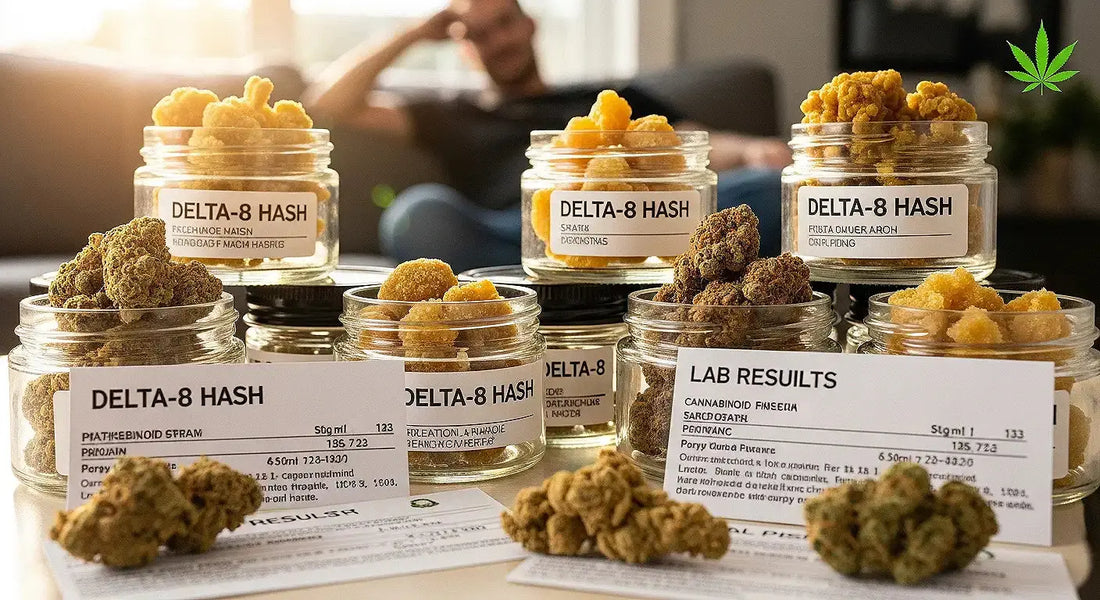 Comprehensive visual of delta 8 hash products with lab verification, terpene richness, and beginner-friendly relaxing effects | Hurcann