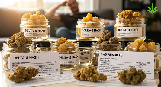 Comprehensive visual of delta 8 hash products with lab verification, terpene richness, and beginner-friendly relaxing effects