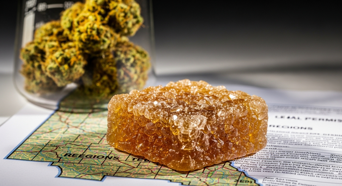A detailed macro shot of a crystalline THCA hash brick with hemp flowers and legal documents in the background, representing the science and regulation of cannabinoids.