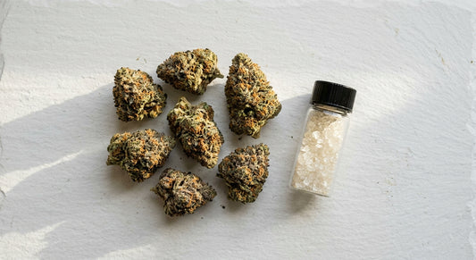 D9 THC vs THCA hemp flower buds and isolate comparison flat lay Hurcann
