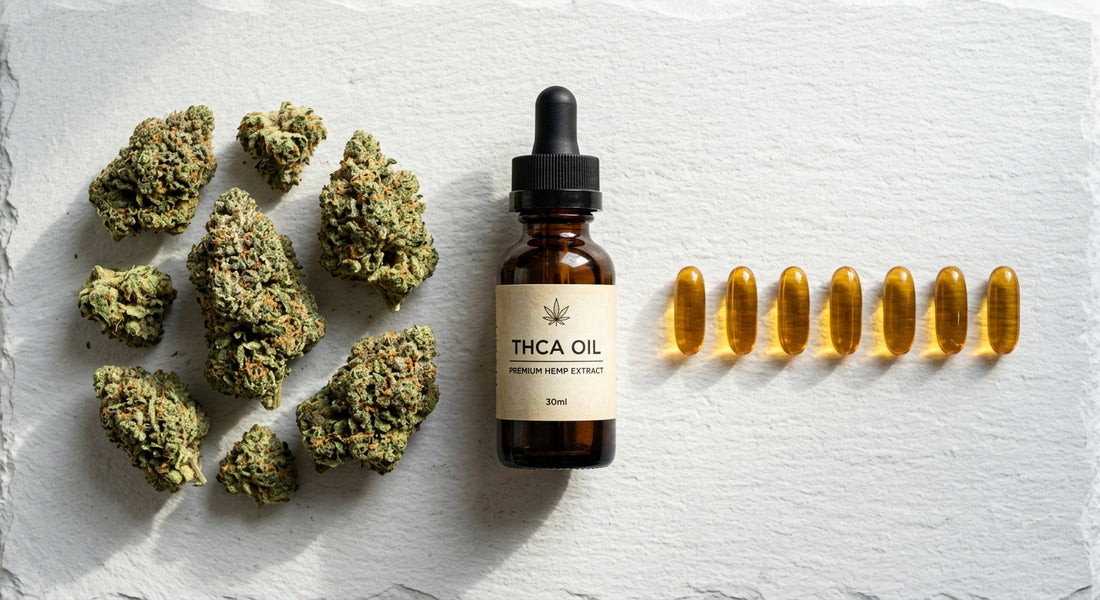 daily hemp products including THCA flower oil tincture and capsules flat lay Hurcann 2026