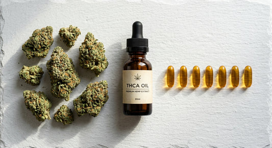 daily hemp products including THCA flower oil tincture and capsules flat lay Hurcann 2026