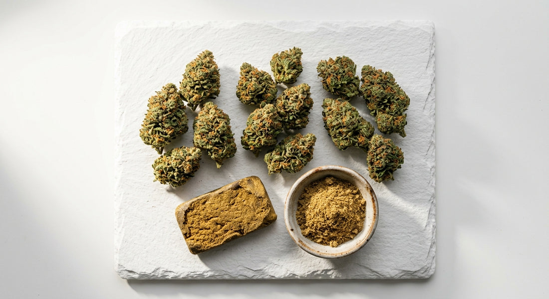 deli hemp CBD flower hash and kief flat lay premium European hemp products