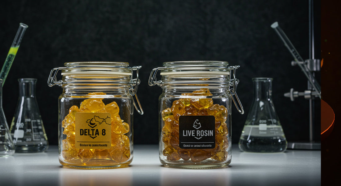 Side-by-side delta 8 concentrate and live rosin badder with lab gear and fresh frozen cannabis buds under spotlight.