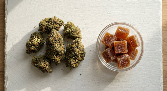delta 9 vs THCA hemp flower and delta-9 gummies side by side comparison flat lay