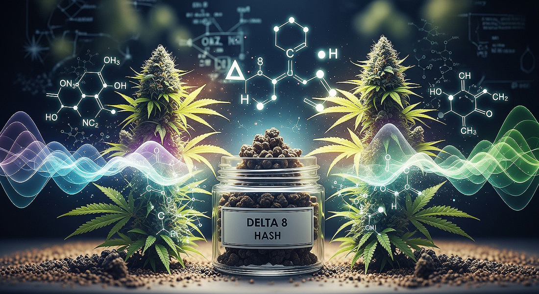 Delta 8 hash jar surrounded by hemp plants and glowing molecular visuals representing science and relaxation.