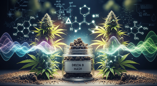 Delta 8 hash jar surrounded by hemp plants and glowing molecular visuals representing science and relaxation.