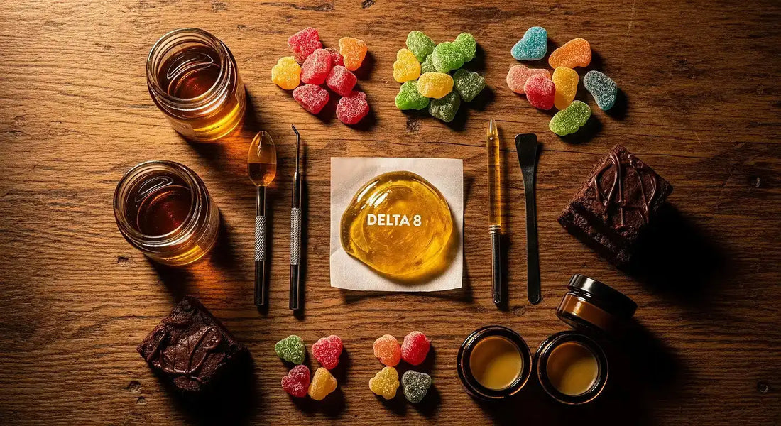 Hero image showing Delta 8 rosin, infused oil, edibles, and topicals arranged together | Hurcann