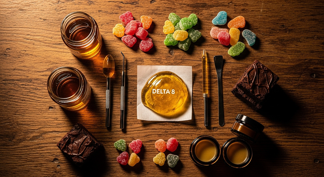 Hero image showing Delta 8 rosin, infused oil, edibles, and topicals arranged together.