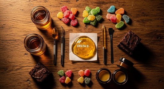 Hero image showing Delta 8 rosin, infused oil, edibles, and topicals arranged together.