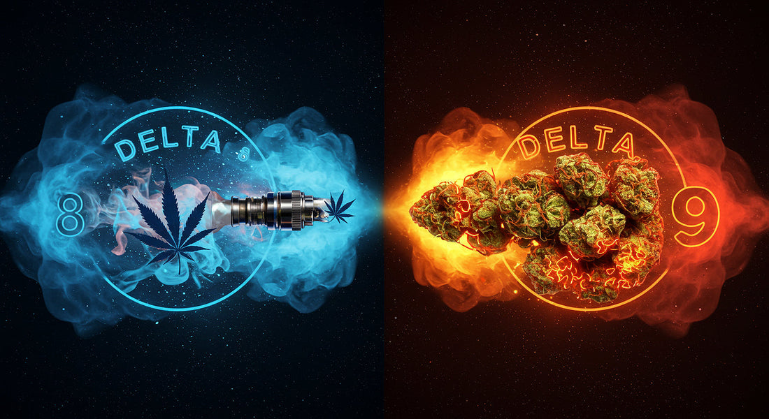A split cosmic scene shows Delta 8 in cool blue with vape clouds on the left and Delta 9 in warm red with glowing buds on the right, linked by hemp leaves.