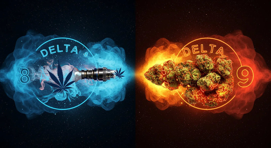 A split cosmic scene shows Delta 8 in cool blue with vape clouds on the left and Delta 9 in warm red with glowing buds on the right, linked by hemp leaves | Hurcann