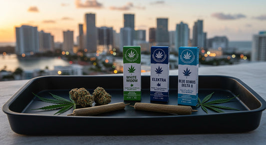 White Widow, Elektra, and Blue Genius Delta-8 pre-rolls on a tray, set on a Miami rooftop with a city skyline, hemp leaves, and a euphoric aura.