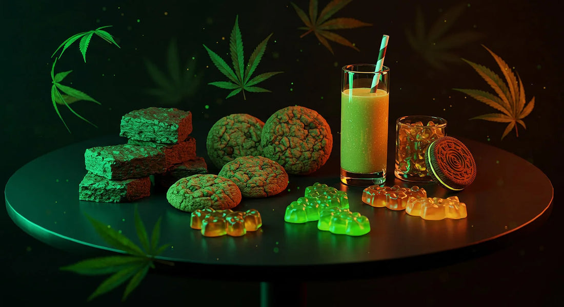 Hemp-derived Delta-9 edibles like brownies, cookies, gummies, and drinks glow with neon green and amber accents on a sleek black table, surrounded by swirling hemp leaves | Hurcann