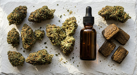 DH Deli Hemp wholesale CBD flower buds hash and oil products flat lay