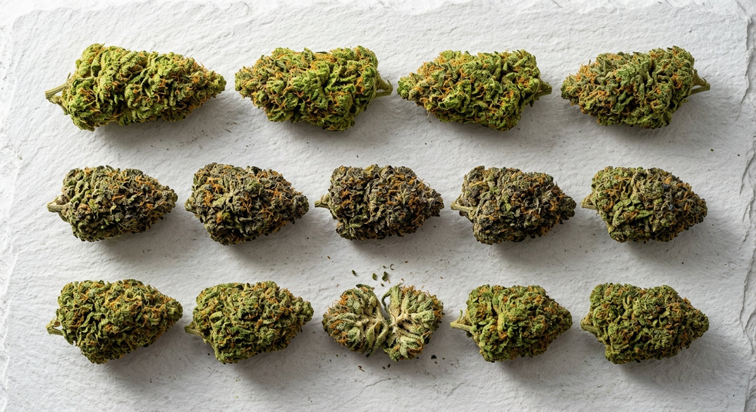 sativa indica hybrid THCA hemp flower buds comparison flat lay Hurcann 2026