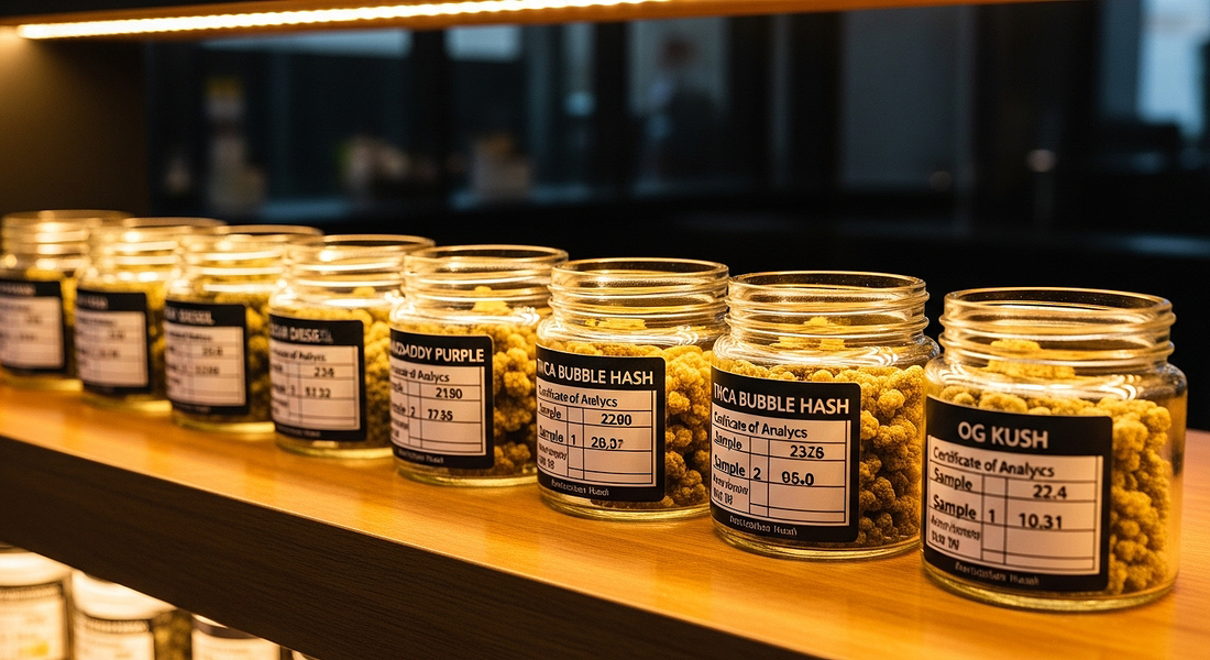 Premium THCA bubble hash jars glowing under warm dispensary lighting, symbolizing purity, potency, and craftsmanship.