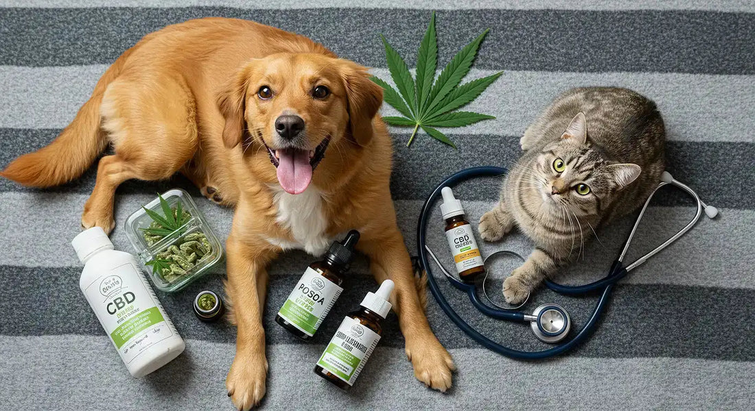 Dog and cat resting on a blanket, surrounded by CBD pet products, with a cannabis leaf and vet’s stethoscope, symbolizing cannabis use in pets.