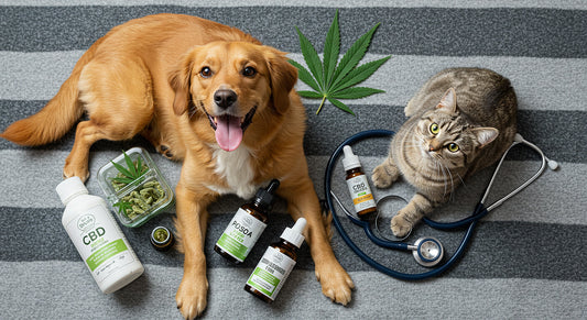 Dog and cat resting on a blanket, surrounded by CBD pet products, with a cannabis leaf and vet’s stethoscope, symbolizing cannabis use in pets.