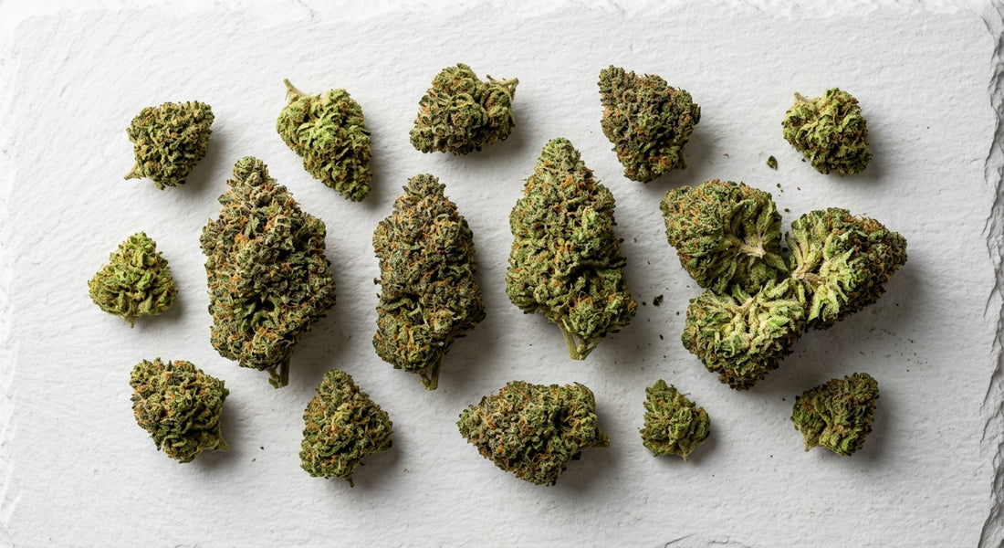 Earthy Select THCA hemp flower buds flat lay showing premium indoor-grown quality