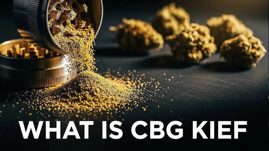 Premium CBG kief spilling from grinder with hemp flower in background | Hurcann