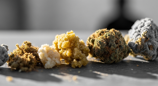 Hero image showing kief and hash textures together in premium editorial composition