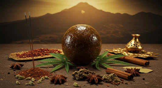 Afghan temple ball hash surrounded by cannabis leaves, spices, incense, and Hindu Kush mountain imagery.