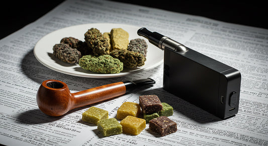 Flat-lay image showing pipe, vaporizer, and hashish edibles representing legal ways to use hashish.