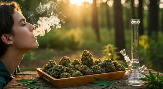 A person exhaling smoke in a forest with Indica, Sativa, and Hybrid buds on a tray, with hemp leaves and a bong, showing cannabis diversity.