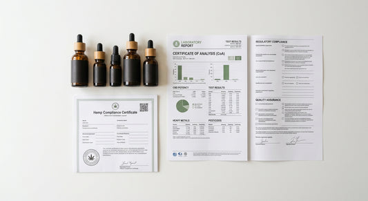 FSA novel food authorization CBD application documents and CBD oil products on white surface