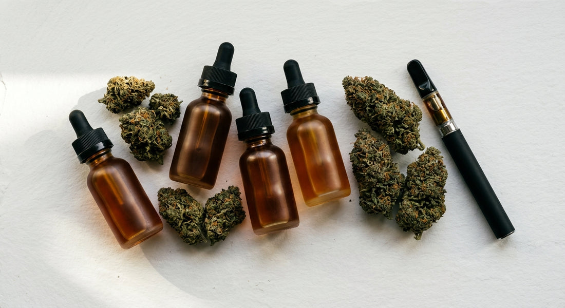 full spectrum CBD vape juice bottles with hemp flower buds flat lay Hurcann