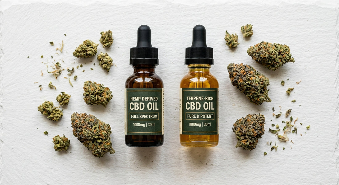 full spectrum cbd vs broad spectrum oil bottles with hemp flower buds comparison guide